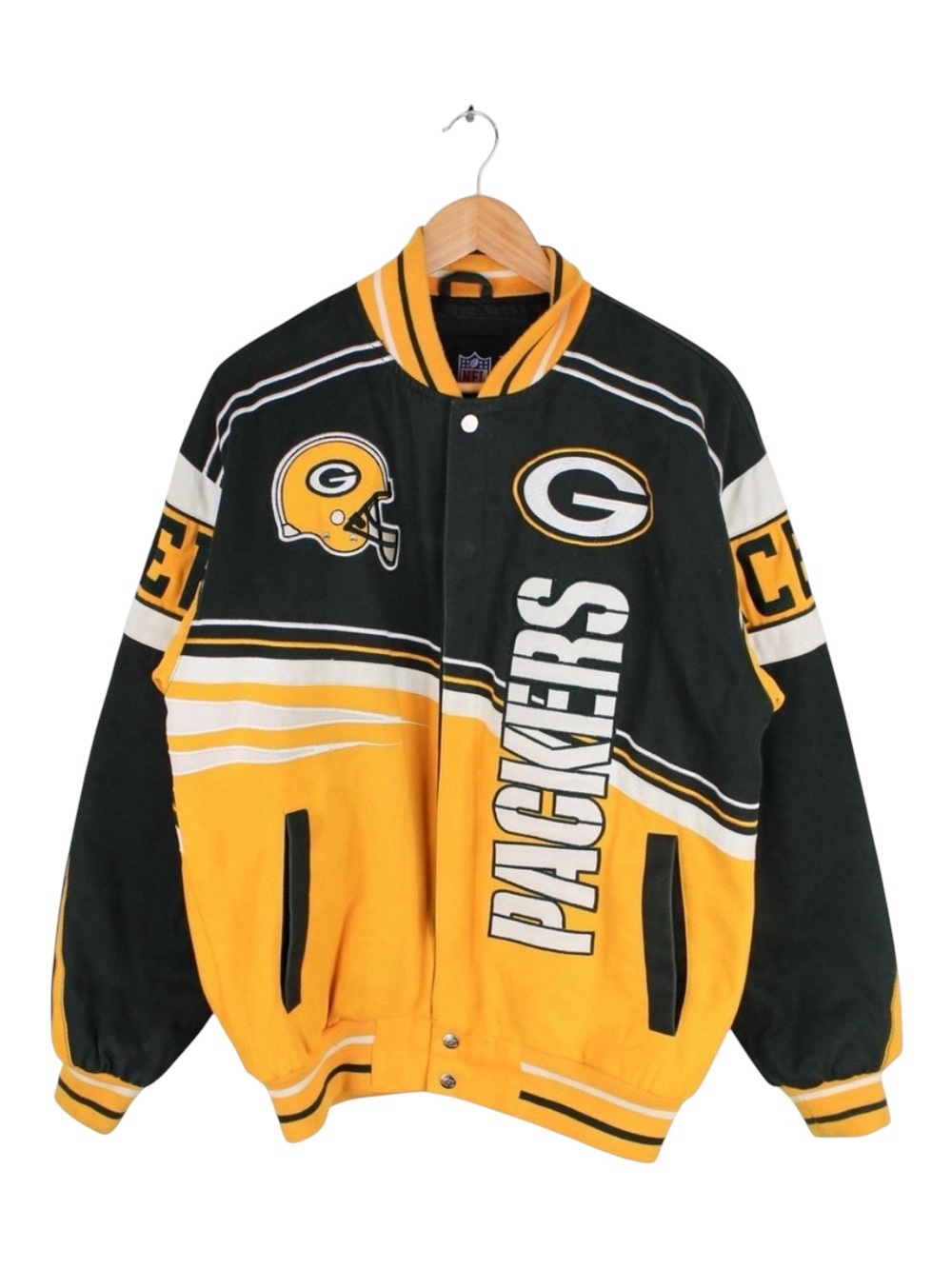 Green Bay Packers NFL Team Apparel Varsity Jacket Snap Front Green Gold Size S
